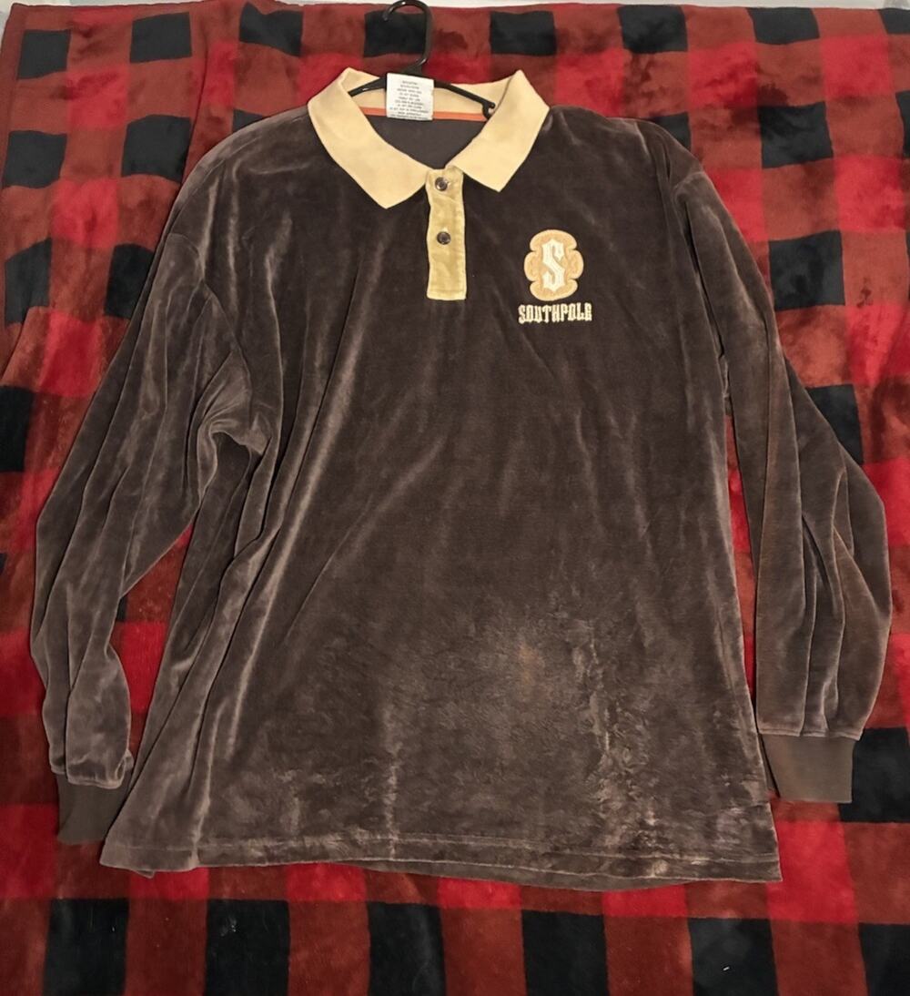 Vintage Southpole Men XXL Brown Velour Long Sleeve Polo Beige Spread Collar Logo